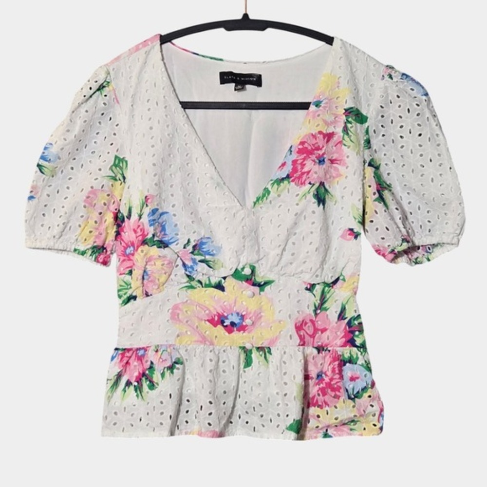 Slate & Willow Floral Eyelet Peplum Puff Sleeve Top White M Cottagecore Feminine